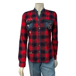 Desigual Flannel Plaid and Denim Embellished Long Sleeve Top Ladies Medium